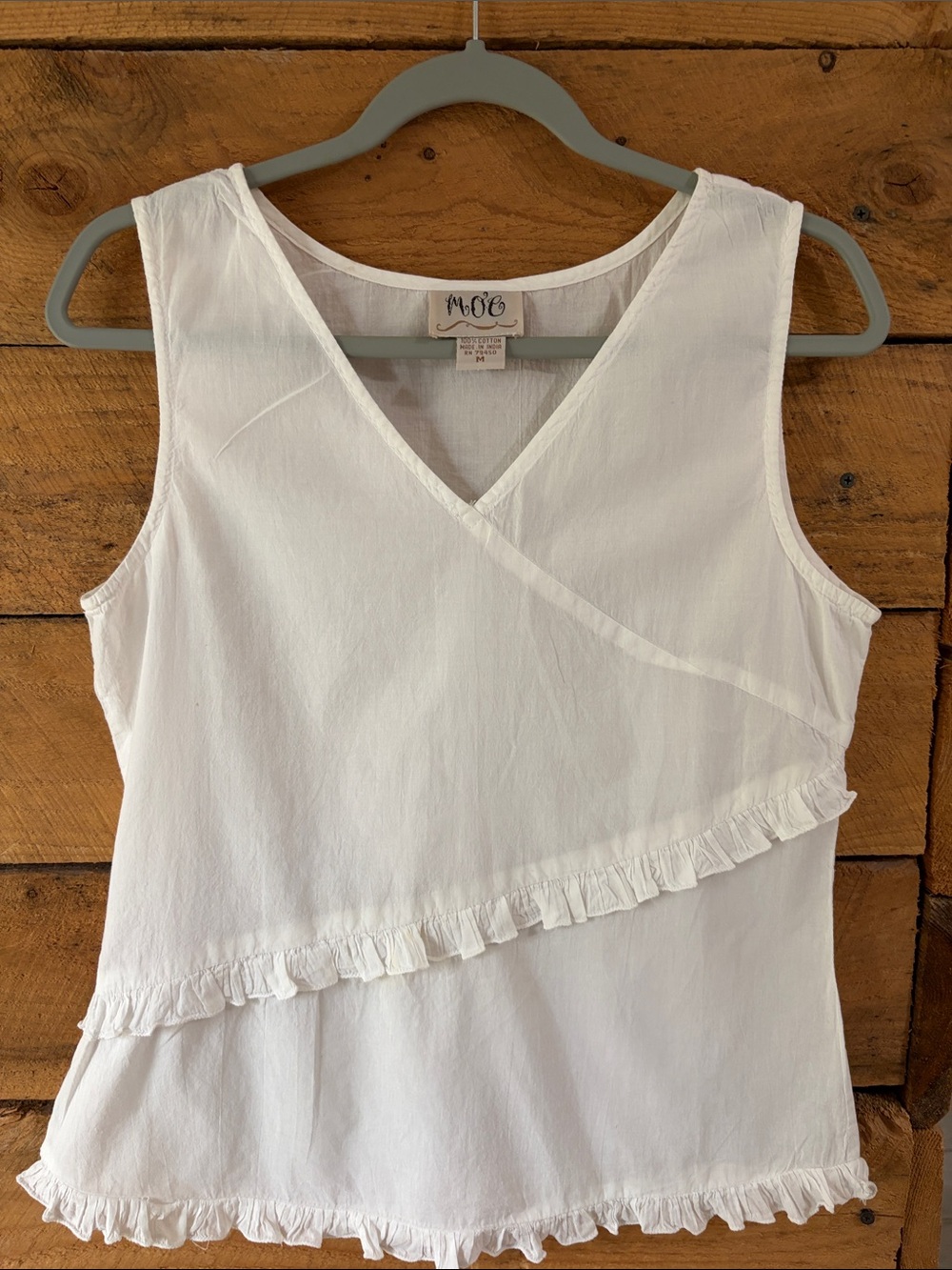 M.O.B. White Ruffle-Trim Faux Wrap Sleeveless Tank